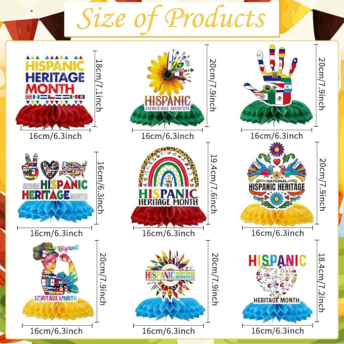 Hispanic Heritage Month Decorations - 9PCS Hispanic Heritage Month Honeycomb Centerpieces, National Latin American Table Decor, Spanish History Party Favors Supplies