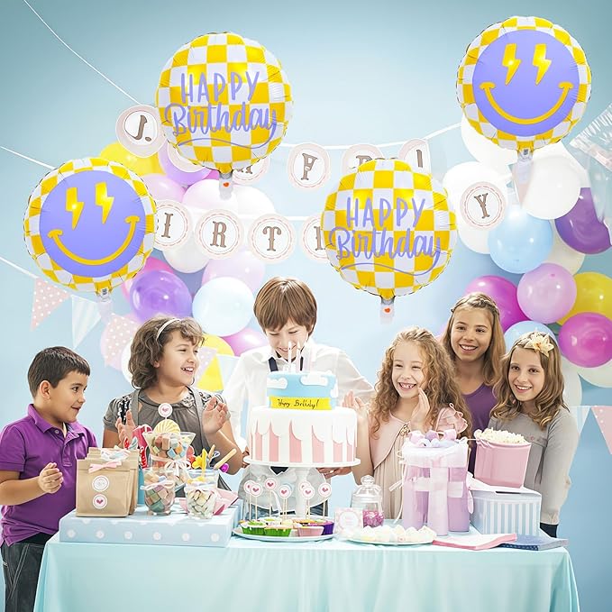 18 Inch Smile Face Birthday Foil Balloons, Yellow White Checkered Smile Face with Lightning Eyes Mylar Helium Round Balloon for Teen Boys Girls One Happy Great Dude Birthday Preppy Party Decorations