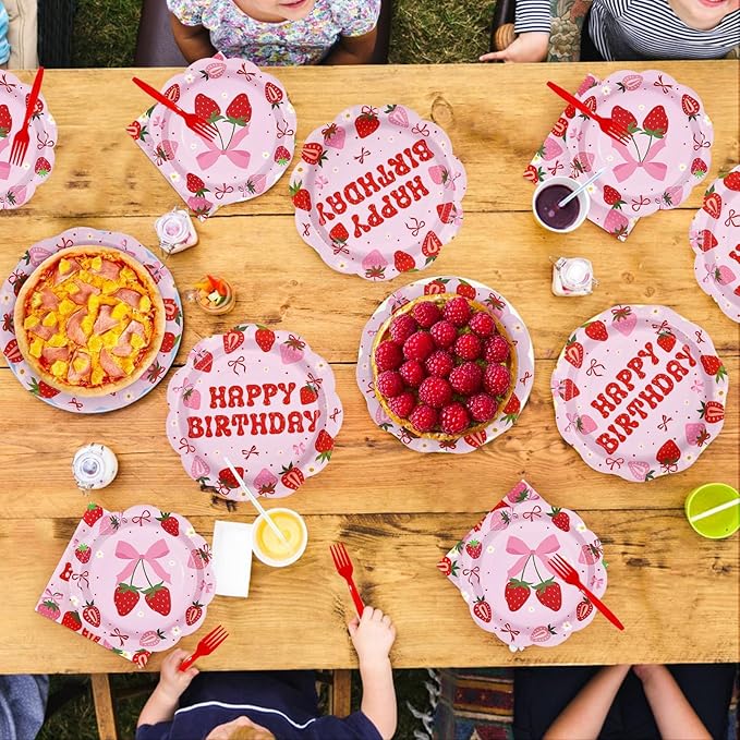 96 Pcs Pink Strawberry Birthday Party Decorations Scalloped Sweet Bow Berry Plate and Napkin Disposable Fruit Berry Tableware Set for Birthday Baby Shower Girls Party Supplies Serve 24