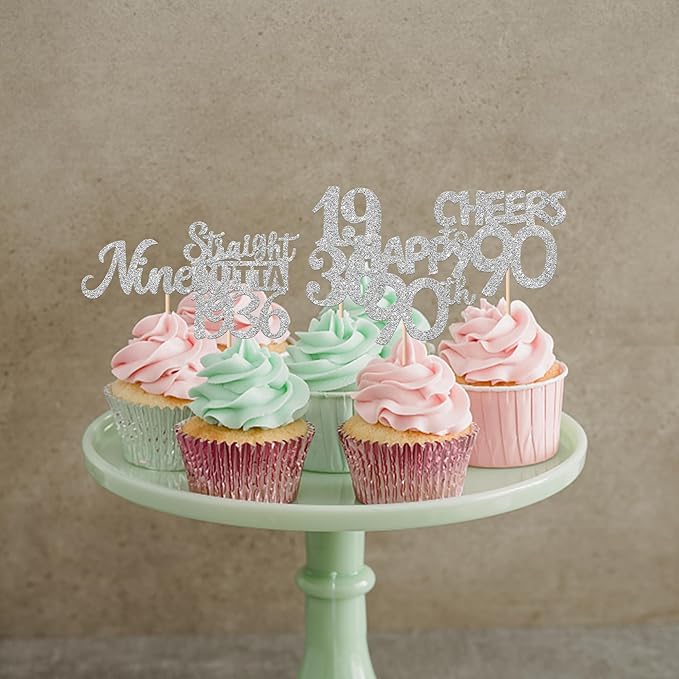 30PCS 95th Birthday Cupcake Toppers Glitter Nighty Five Happy 95 Straight Outta 1931 Cupcake Picks for Cheers to 95 Fabulous 95th Birthday Anniversary Party Cake Decorations Supplies Silver