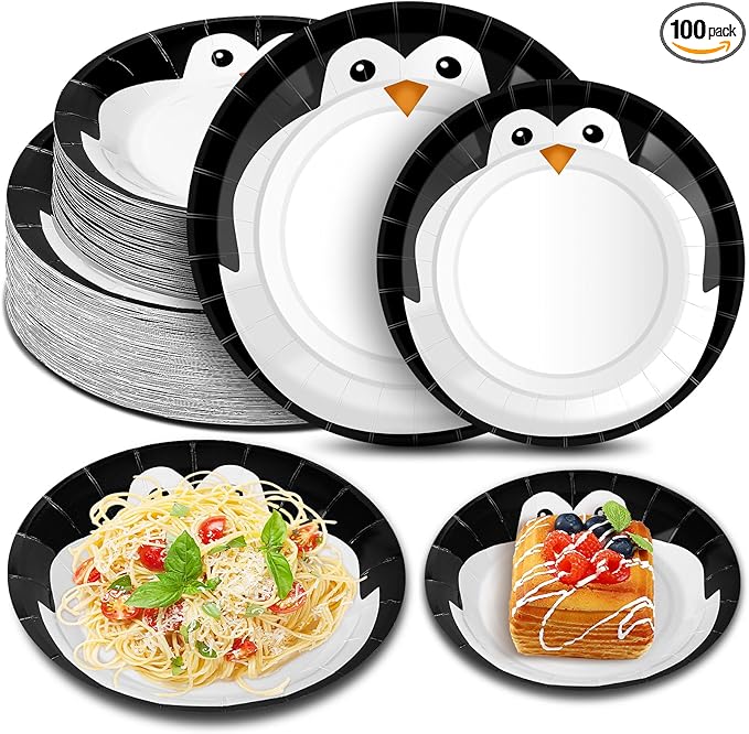 100 Pack Penguin Winter Paper Plates 9 Inch 7 Inch Round Disposable Dinner Dessert Plates Penguin Pattern Tableware Paper for Winter Party Supplies Holiday Dinner Birthday