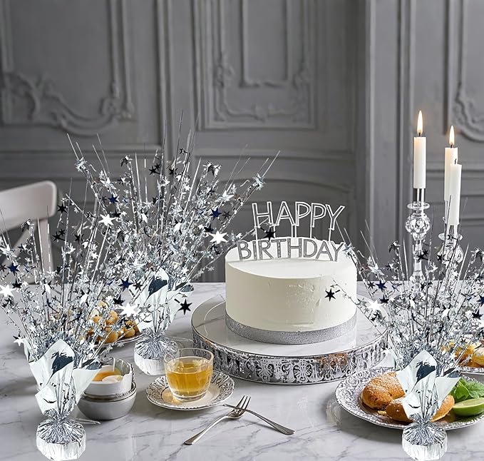 6 Pack Metallic Foil Spray Centerpiece Star Table Decoration Burst Glitter Tabletop Centerpieces for Birthday Christmas New Years Nye Wedding Graduation Holiday Party Supplies Decor, Silver