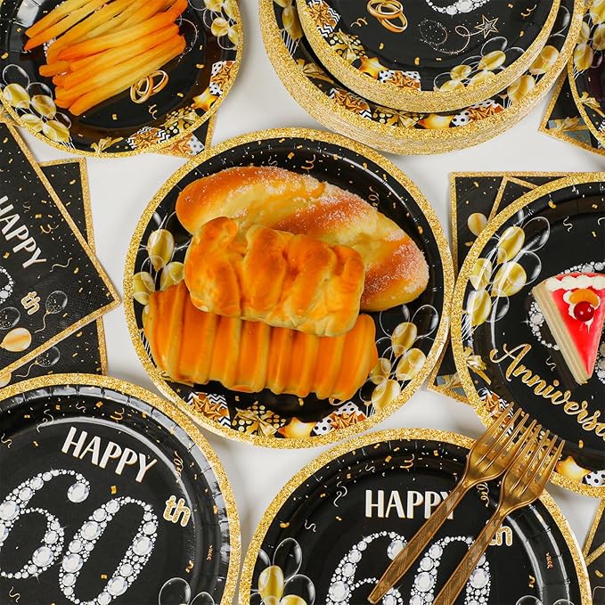 Qyeahkj 50 Guests 60th Anniversary Plates and Napkins Party Supplies 60th Wedding Party Decorations Disposable Tableware Set Dinnerware Favor for Birthday Women, 200PCS