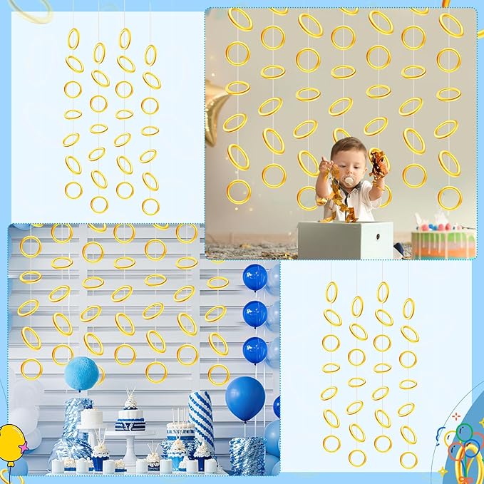 Janlaugh 8 Pcs Gold Rings Party Decorations Gold Power Rings Garland Banner Golden Classroom Ceiling Hanging Streamers Cutouts for Video Games Birthday Baby Shower Party Supplies Photo Booth Backdrops