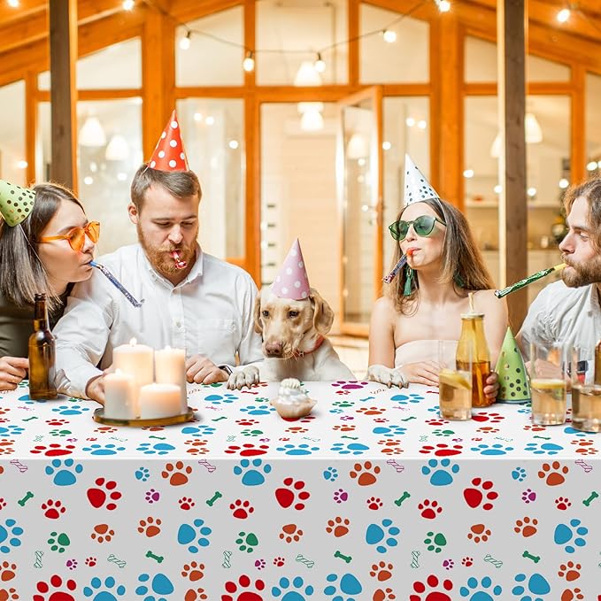 Tegeme 3 Pcs Puppy Paw Print Tablecloth 54 x 108 Inch Plastic Disposable Dog Paw Print Table Cover Colorful Dog Cat Decorations for Pet Party Birthday Baby Shower Supplies