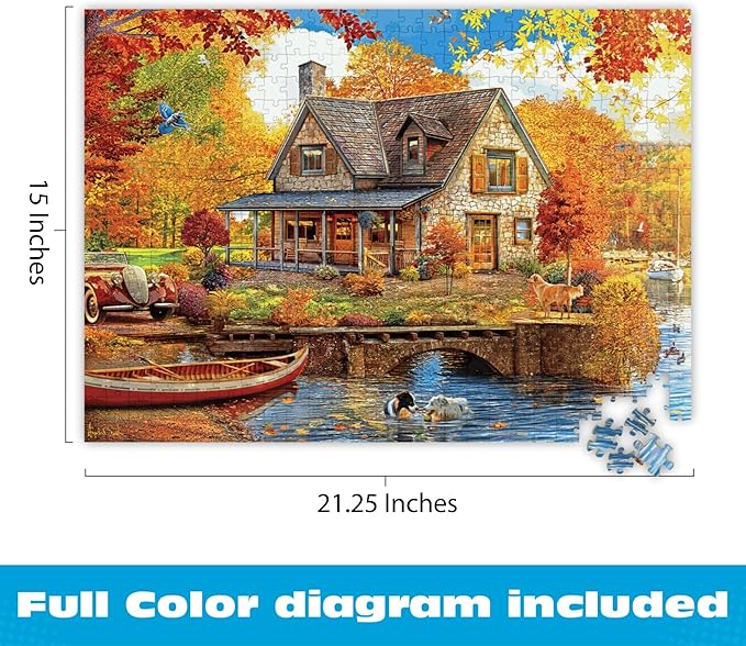 Buffalo Games - 500 Piece Jigsaw Puzzle Angelo Bonito Autumn Lake House, Made in USA, Premium Recycled Board, Full-Color Poster