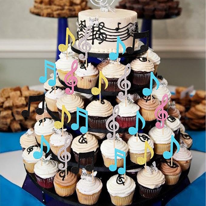 36 PCS Music Notes Cupcake Toppers Glitter Musical Symbol Cupcake Picks for Rock Music Concert Theme Baby Shower Wedding Birthday Party Cake Decorations Supplies Multi Color