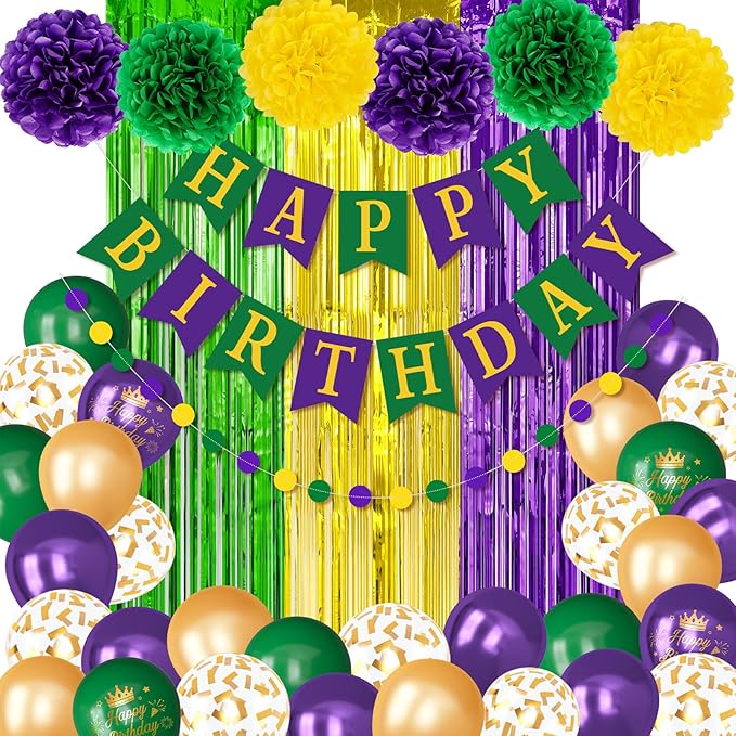 Purple Green Gold Party Decorations, Metallic Printed Confetti Balloons Fringe Curtain Happy Birthday Banner Circle Dots Garland Paper Pompom New Orleans Holiday Masquerade Party Supplies