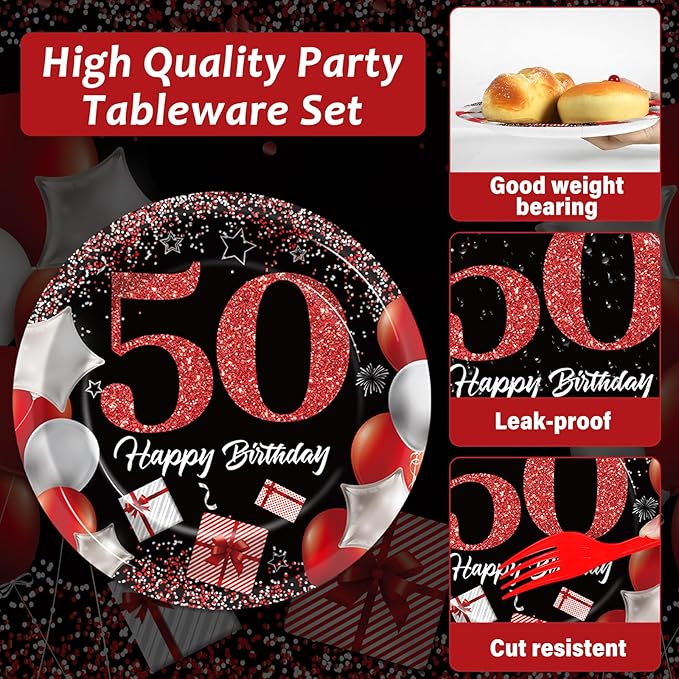 96 Pcs 50th Birthday Plates and Napkins Party Supplies 50 Years Old Birthday Party Tableware Set Red Black Dinner Dessert Plates 50th Birthday Decorations Favors for Man Women for 24 Guests