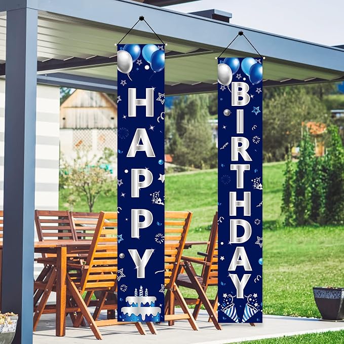 Blue Silver Happy Birthday Door Banner Decorations for Men Boys,Happy Birthday Banner Porch Sign Party Supplies,16th 18th 21st 30th 40th 50th 60th Bday Decoration for Outdoor Indoor