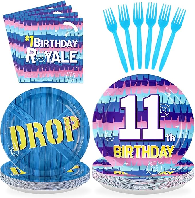 96Pcs 11th Video Game Birthday Party Supplies Happy 11th Game Theme Plates and Napkins Disposable Blue Drop Tableware Set for 11 Year Old Kids Boys Birthday Decorations Serves 24
