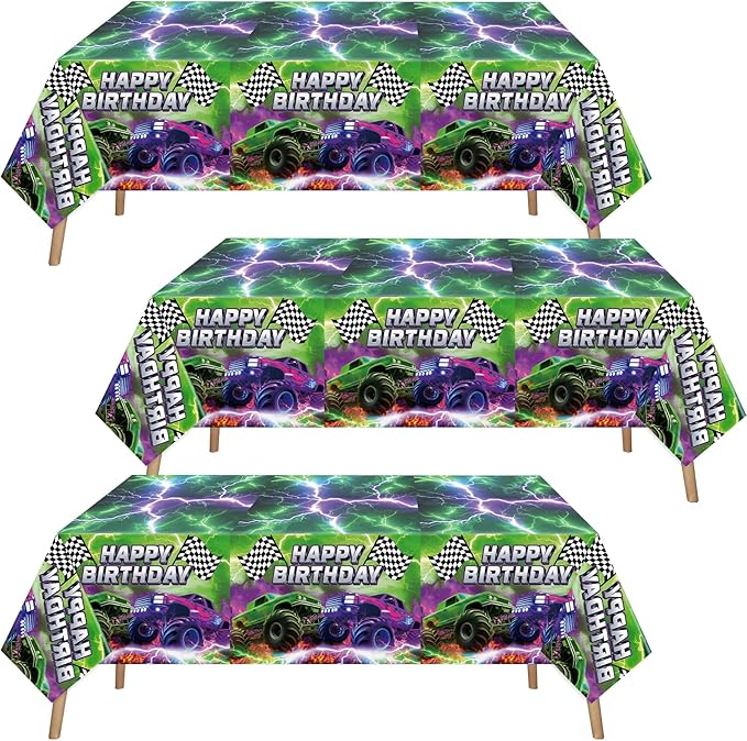 Mifoci 3 Pcs Monster Truck Birthday Party Tablecloths Monster Machine Table Covers Large Plastic Disposable 108 x 54 Inches for Truck Theme Kid's Boys Birthday Shower Party Supplies (Fresh)