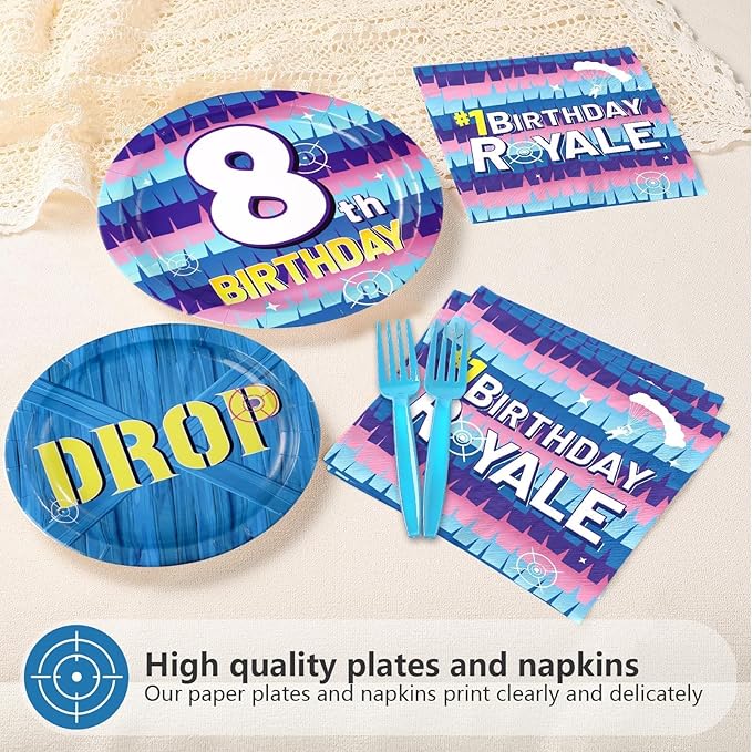 96Pcs 8th Video Game Birthday Party Supplies Happy 8th Game Theme Plates and Napkins Disposable Blue Drop Tableware Set for 8 Year Old Kids Boys Birthday Decorations Serves 24