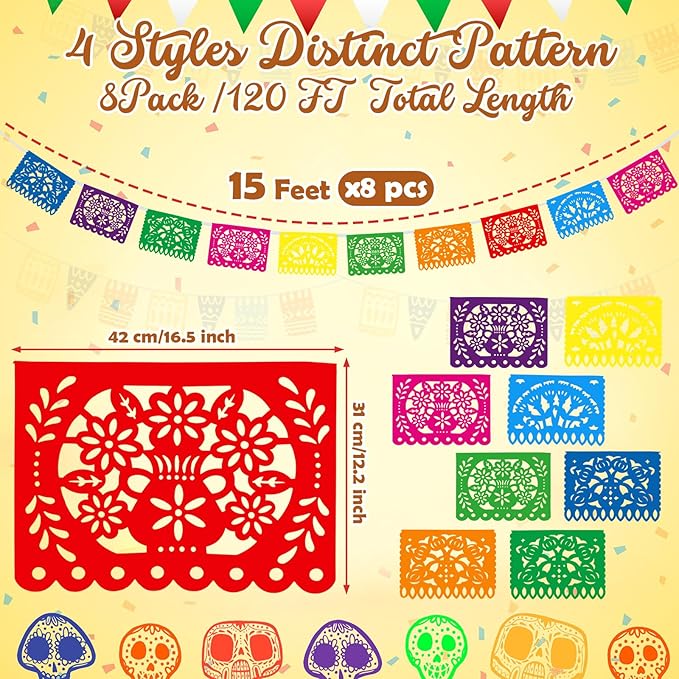 Boao 8 Packs 120 Feet Cinco De Mayo Party Decorations Mexican Banner Fiesta Plastic Papel Picado Banner Garland Dia De Los Muertos Day of The Dead Hanging Decor Mexican Fiesta Birthday Party Supplies