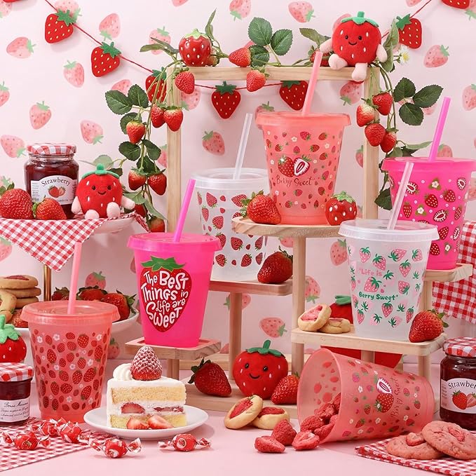 Sieral 30 Pcs Strawberry Cups with Straws and Lids 16 oz Cute Strawberry Cups Pink Clear Plastic Tumblers Reusable Iced Coffee Travel Mug for Sport Theme Party Supplies Decorations