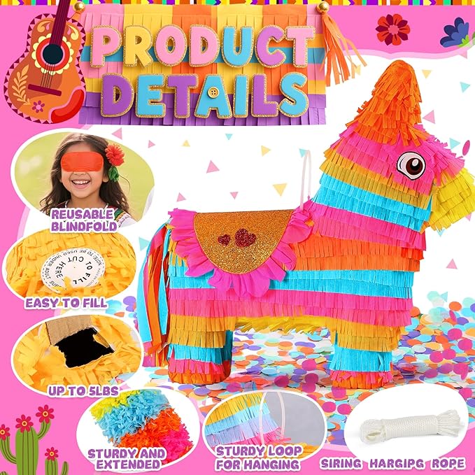 Cinco De Mayo Donkey Pinata with 24" Stick and Rope | Large Rainbow Piñata Decorations for Birthday Party, Taco Tuesday, Mexican Theme Fiesta (16 X 13.5 X 5.7 In)