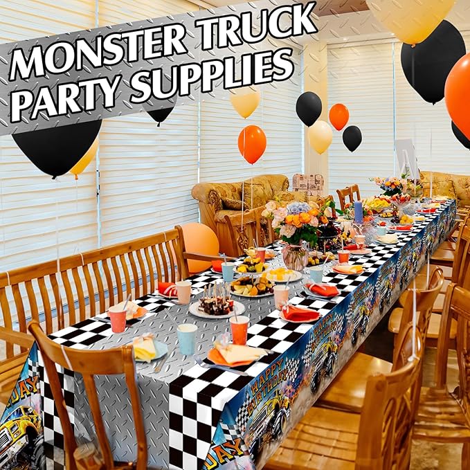Mifoci 3 Pcs Monster Truck Birthday Party Tablecloths Monster Machine Table Covers Large Plastic Disposable 108 x 54 Inches for Truck Theme Kid's Boys Birthday Shower Party Supplies (Classic)