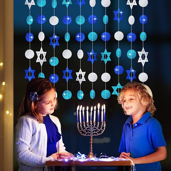MARFOREVER 41 Ft Hanukkah Decorations Hanging Banner 5 PCS Chanukah Decorations Glitter Blue White Star of David Streamers Swirls Hanukkah Garland for Jewish Party Home Wall Ceiling Decor