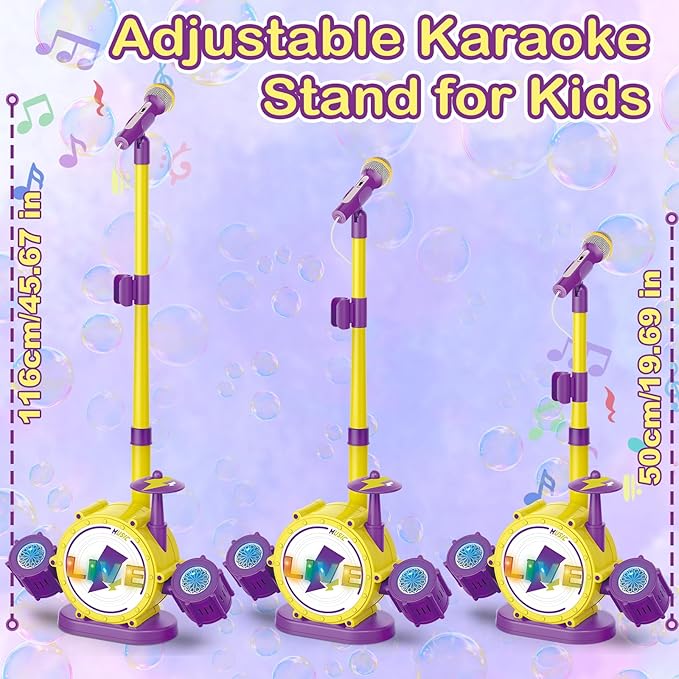 Bluetooth Kids Karaoke Microphone with Adjustable Stand, Karaoke Machine for Kids with Bubble Maker，Vioce Changer, Colorful Lights - Microphones for Singing Christmas, Birthday Gifts for Girls, Boys