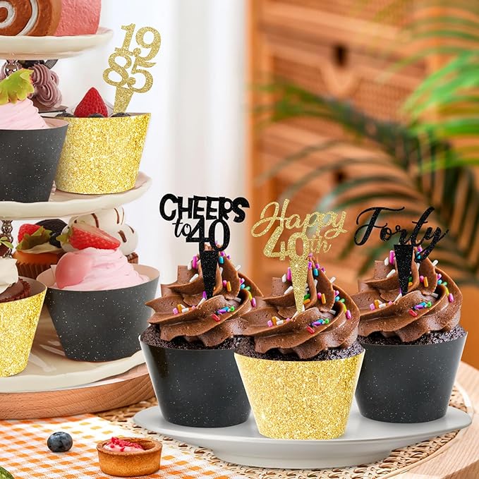 48 Pack Happy 40th Birthday Cupcake Toppers and Wrappers, Glitter Fabulous Vintage 1985 Cake Decor Cheers to 40 Year Cupcake Decorations for 40th Birthday Anniversary Party Supplies