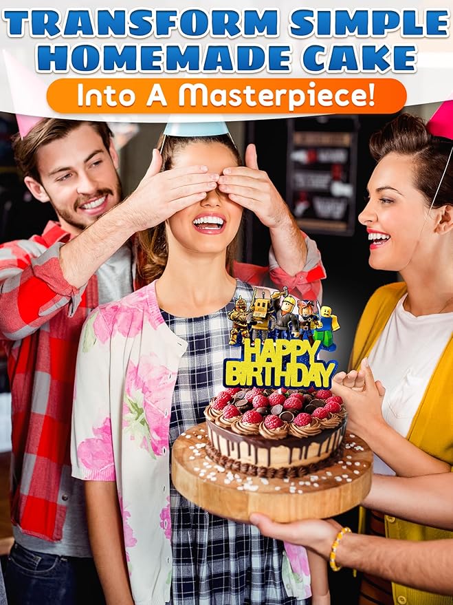 Video Game Cake Topper Decorations - Vibrant Glitter Cardboard Gamer Cake Topper, Eye-Catching Design, Firm Installation & Easy Adjusting, Sturdy Plastic Stick - Birthday Decorations for Boys & Girls