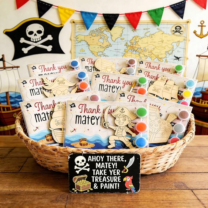 12 Pack Pirate Party Favors for Kids – Individually Wrapped Paint Your Own Wooden Magnet Craft Kits with Thank You Card, Treasure Hunt Birthday Supplies for Boys & Girls