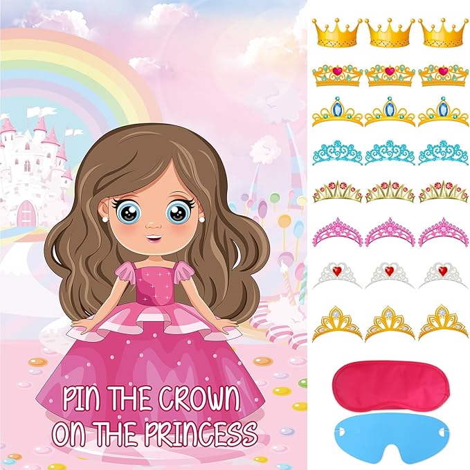 Hxezoc Pin The Crown on The Princess Party Games with 24 Pcs Crowns, Large Princess Party Games Poster for Girls Kids Birthday Party Carnival Supplies