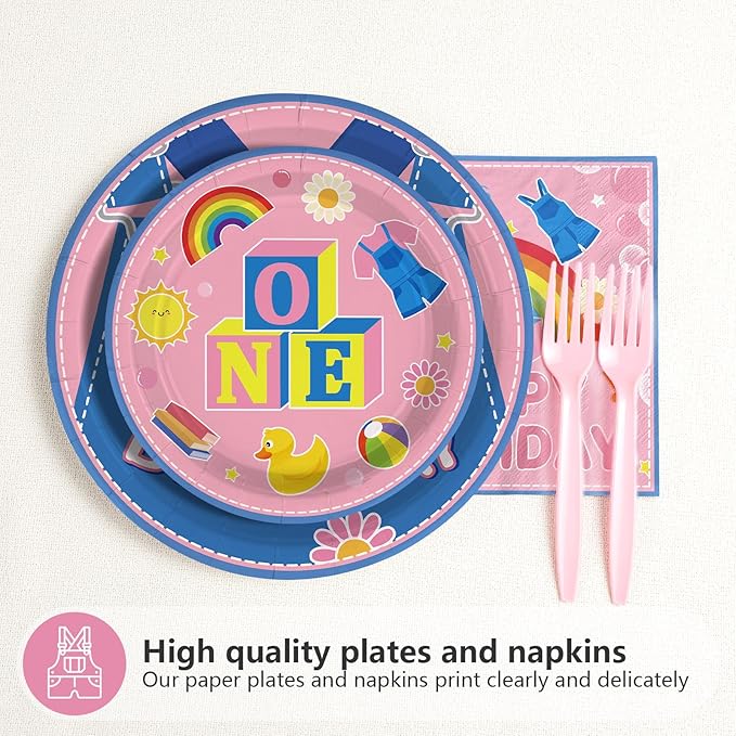 96Pcs 1st Birthday Party Decorations Girls Pink Cartoon Teaching Plates and Napkins Cartoon English Teacher Theme Tableware Set for Girl Birthday Baby Shower Party Supplies，Serves 24