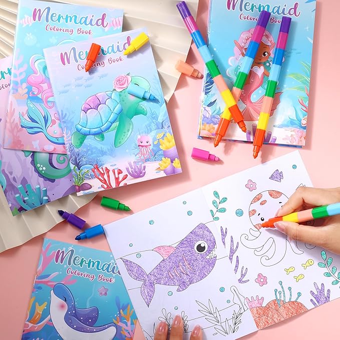 BenLouis 24 Pcs Mermaid Mini Coloring Books Kids Little Mermaid Party Favors Small Activity Books Bulk for Kids Ocean Birthday Goodie Bags Stuffers Return Gifts Classroom Travel