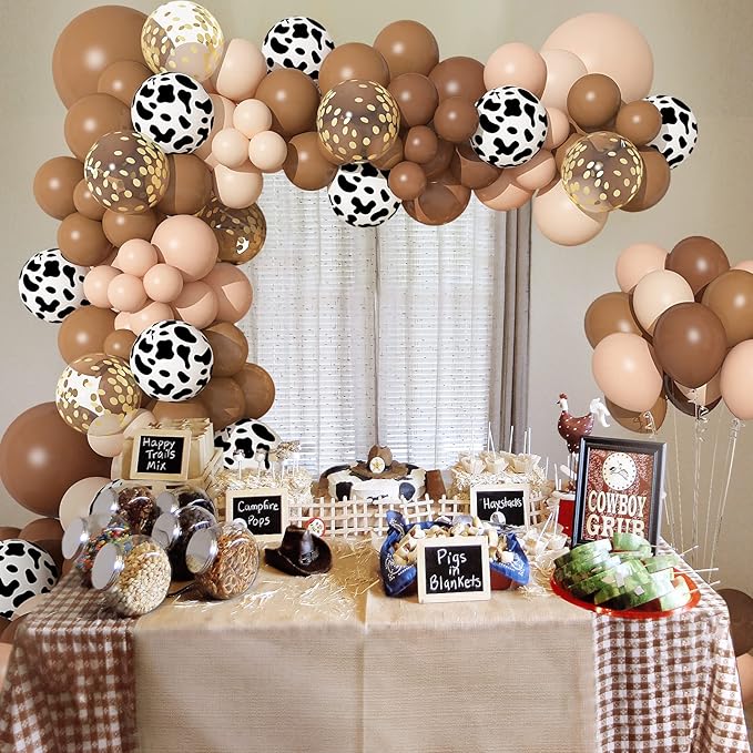 170Pcs CowBoy Balloons Garland Arch Kit, Cow Brown Neutral Blush Confetti Print Balloons for Western Cowboy Cowgirl Farm Animal Themed Baby Shower Bachelor Birthday Party Decorations Supplies