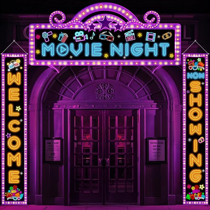 3Pcs Movie Night Porch Banner Decorations Neon Movie Theme Party Hanging Banner Welcome Now Showing Sign Door Decor Camera Action Porch Sign for Theater Film Photography Background Party Supplies