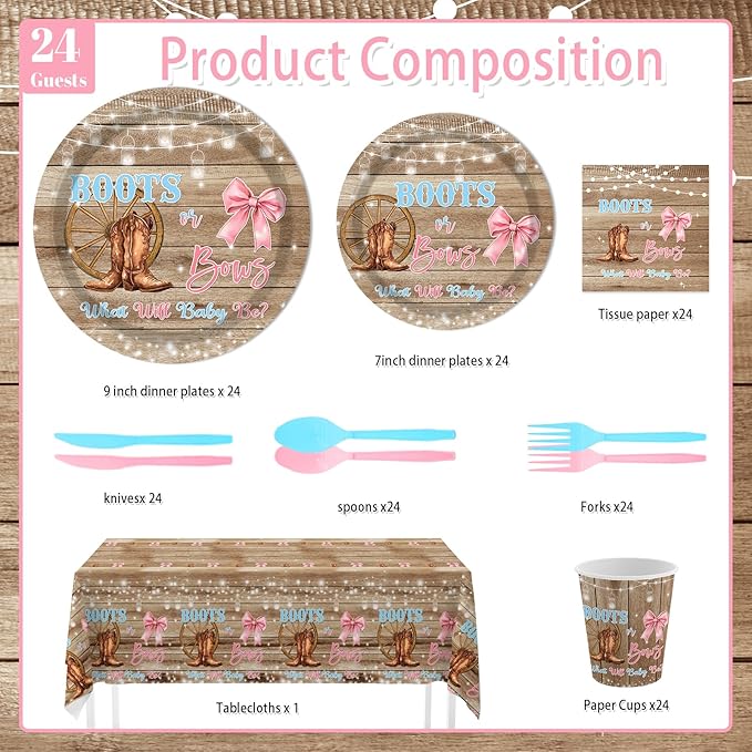 MEHOFOND Boots Or Bows Gender Reveal Decorations, Pink or Blue Party Supplies Rustic Wood Disposable Tableware Set 169Pcs Plates Napkins Plastic Tablecloth for Western Cowgirl Gender Reveal
