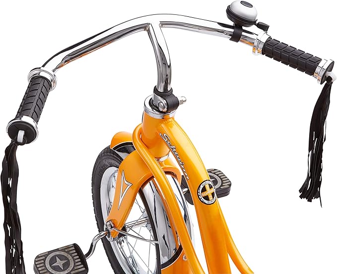 Schwinn Roadster Bike for Toddler, Kids Classic Tricycle, Low Positioned Steel Trike Frame with Bell and Handlebar Tassels, Rear Deck Made of Genuine Wood, for Boys and Girls Ages 2-4 Year Old, Orange