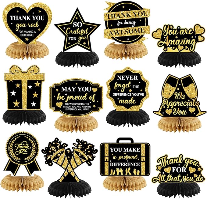 12 Pcs Thank You Decorations Honeycomb Centerpiece Employee Appreciation Decor We Appreciate You Table Decorations Thank Table Topper for Doctor Employee Party Supplies(Gold and Black)