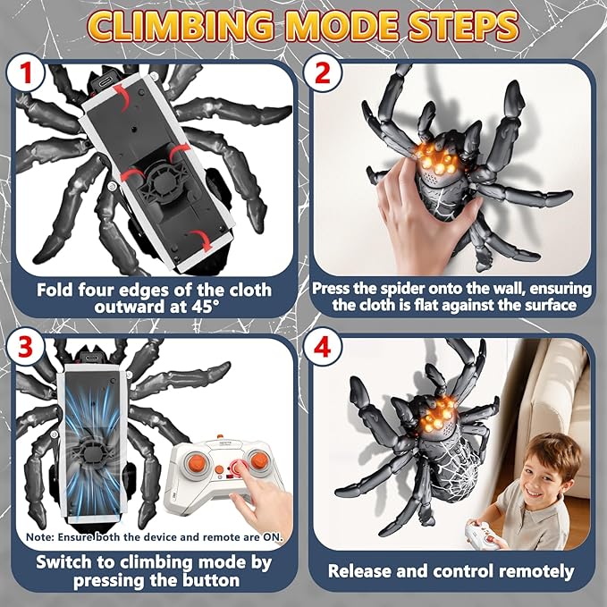 Wall Climbing Spider, Rechargeable Remote Control Spider Kids Toys, Floor/Wall Crawling Robot Spider Toy, Wall Crawler Spider Prank Toys Birthday Gifts for Boys Girls Ages 3-5 5-7 8-13, Black
