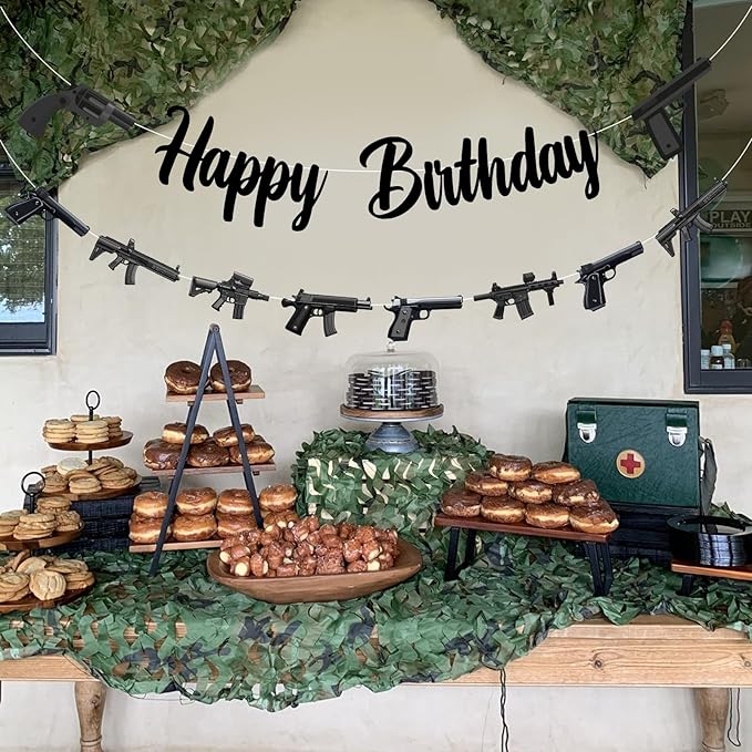 Jollyboom Gun Birthday Party Decorations, Military Nerf Gun Theme Happy Birthday Banner & Pistol Shooting Garland Set Easy Assembly, Paper Material for Boys' Indoor Outdoor Bday Party Supplies