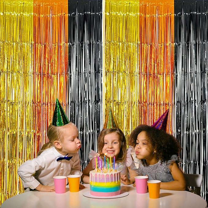 2 Pack Construction Foil Fringe Curtains, 3.3x6.6 ft Yellow Orange and Black Tinsel Fringe Streamers Photo Booth Backdrop for Construction Party Decoration, Birthday Party Supplies