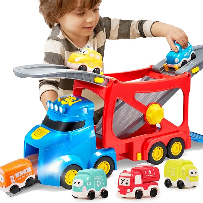 JOVA Extra Large Toy Trucks for Toddlers, 3-Layer City Trucks for Kids, 7-in-1 Big Transport Carrier Truck with Siren & Lights and 6 Toy Cars, Birthday Gifts for Boys