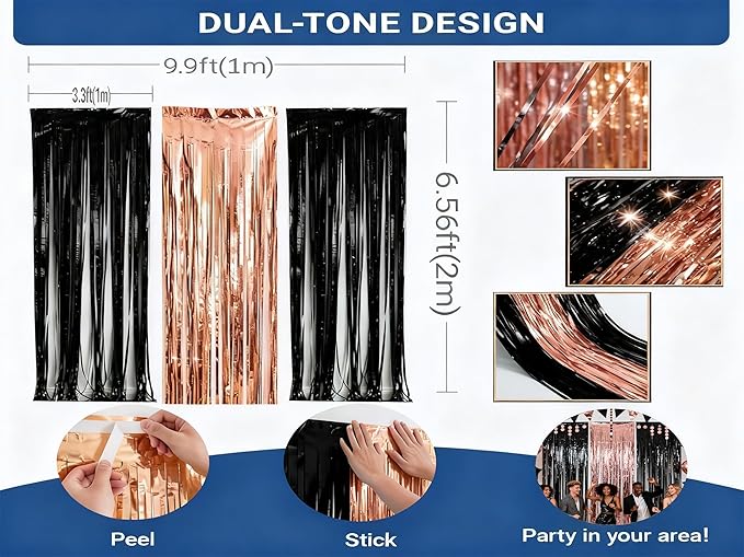 3 Packs Rose Gold and Black Foil Fringe Curtains, Birthday Party Decorations Backdrop Tinsel Steamer, Wedding Engagement Bridal Shower Party Decorations Retirement Decor Graduation Party Backdrop