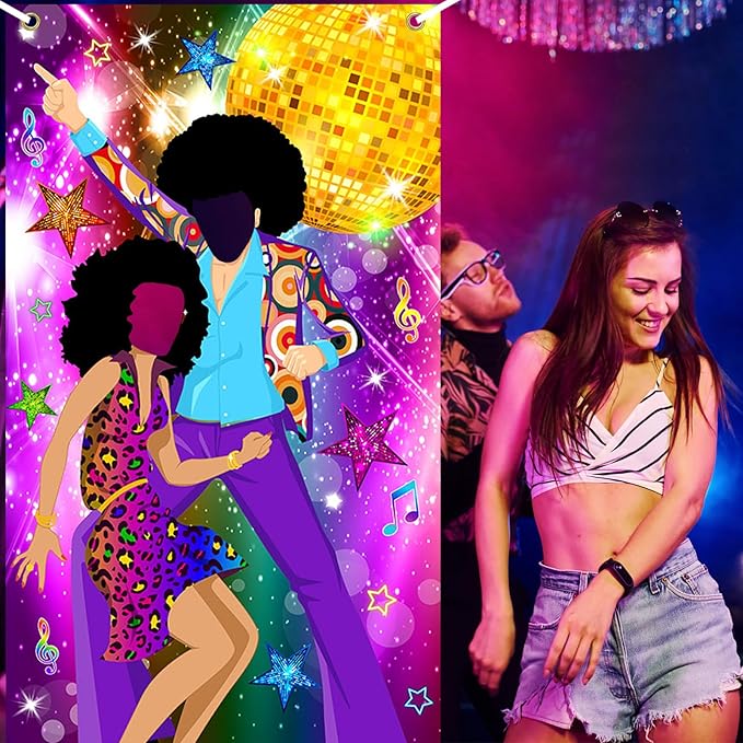 Disco Door Banner 3x6 ft 70s Party Decorations 70s Theme Photo Props Disco Party Supplies Face Cutout Photo Background