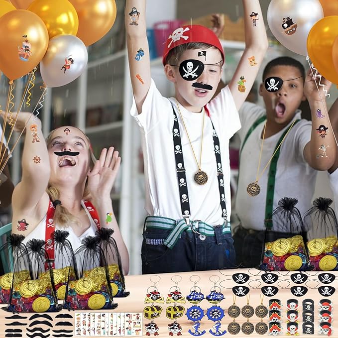 168Pcs Pirate Party Favors Supplies, Pirate Birthday Party Decorations, Pirate Gift Bags with Pirate Eye Patch Mustache Gold Coins Gems Tattoos for Kids Boys Pirate Birthday Party Goodie Bag Fillers