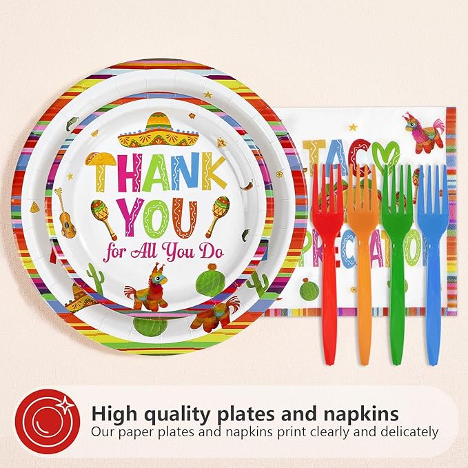 96Pcs Mexican Taco Bout Appreciation Party Decorations Thank You for All You Do Plates and Napkins Mexican Tacos Decorations for Teacher and Staff Appreciation Cinco De Mayo Party Supplies Serves 24