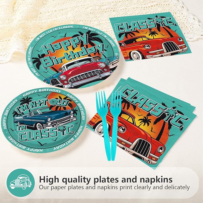 96Pcs Classic Car Birthday Decorations Red Blue Green Vintage Car Plates and Napkins I am Not Old I am Classic Decorations Favors for Men Birthday Retro Cars Theme Party Supplies Serves 24