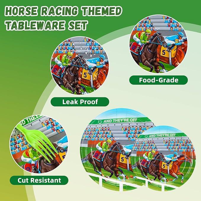 49 Pcs Derby Party Supplies Horse Racing Party Disposable Tableware Set Including Paper Plates Napkins Tablecloth Derby Day Disposable Dinnerware for Horse Birthday Supplies Serve 16 Guests