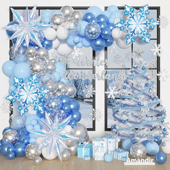 Amandir 162PCS Blue Snowflake Balloons Arch Garland Kit, Winter Wonderland Banner White Silver Latex Snow Confetti Balloons Princess Winter Wonderland Christmas Baby Shower Birthday Party Decorations
