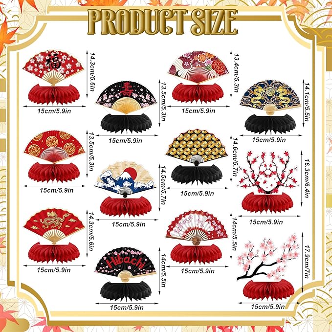 Pickmesh 12 Pieces Hibachi Birthday Party Decorations Honeycomb Centerpieces Japanese Paper Fans Table Decorations Cherry Blossom Table Topper for Japanese Party Supplies