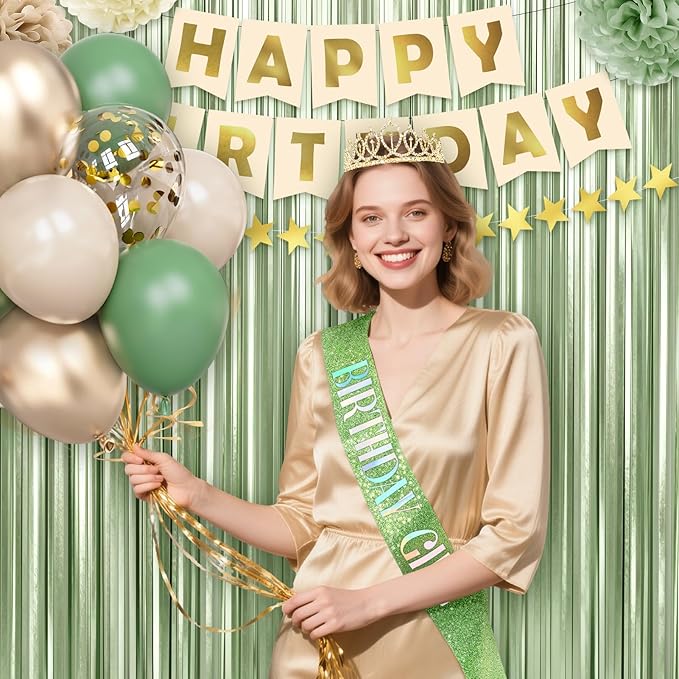 Sage Green Birthday Decorations for Women Girls, 44Pcs Nude Retro Green Party Supplies Include Birthday Girl Sash Crown Banner Fringe Curtain for Women Birthday Decorations