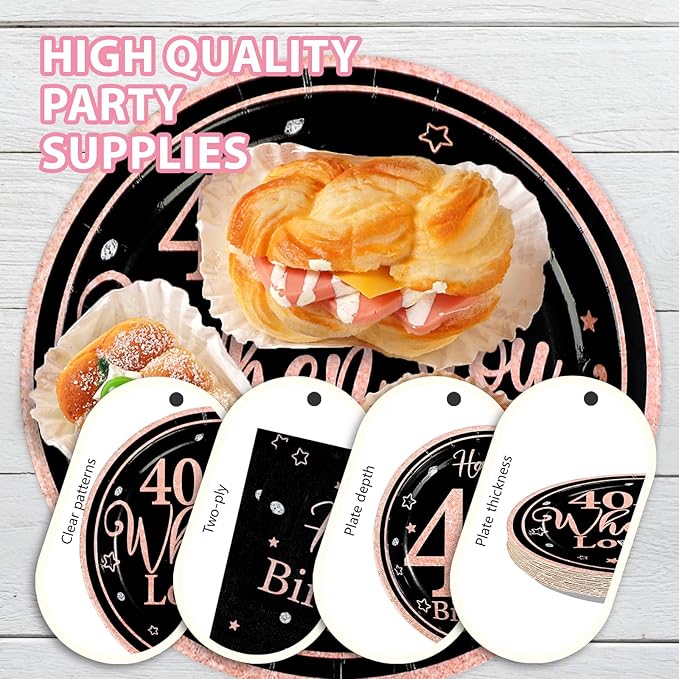96Pcs 40th Black and Pink Birthday Party Supplies 40 Is Fine When You Look 29 Plates and Napkins Black and Pink Theme Tableware Set for Women 40th Birthday Party Decorations Serves 24