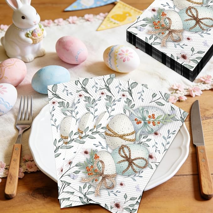 100Pcs Easter Napkins - Watercolor Flower Egg Party Napkins Spring Floral Theme Party Supplies Disposable Luncheon Dinner Napkins 7.8" x4.3" for Tea Party Kitchen Bathroom