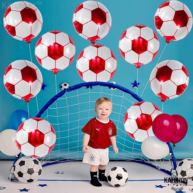 Katchon, Red Soccer Balloons -18 Inch, Pack of 10 | Soccer Birthday Party Decorations for Football Party Decorations, Sports Themed Party Decorations | Foil Soccer Ball Balloons For Birthday, Sports